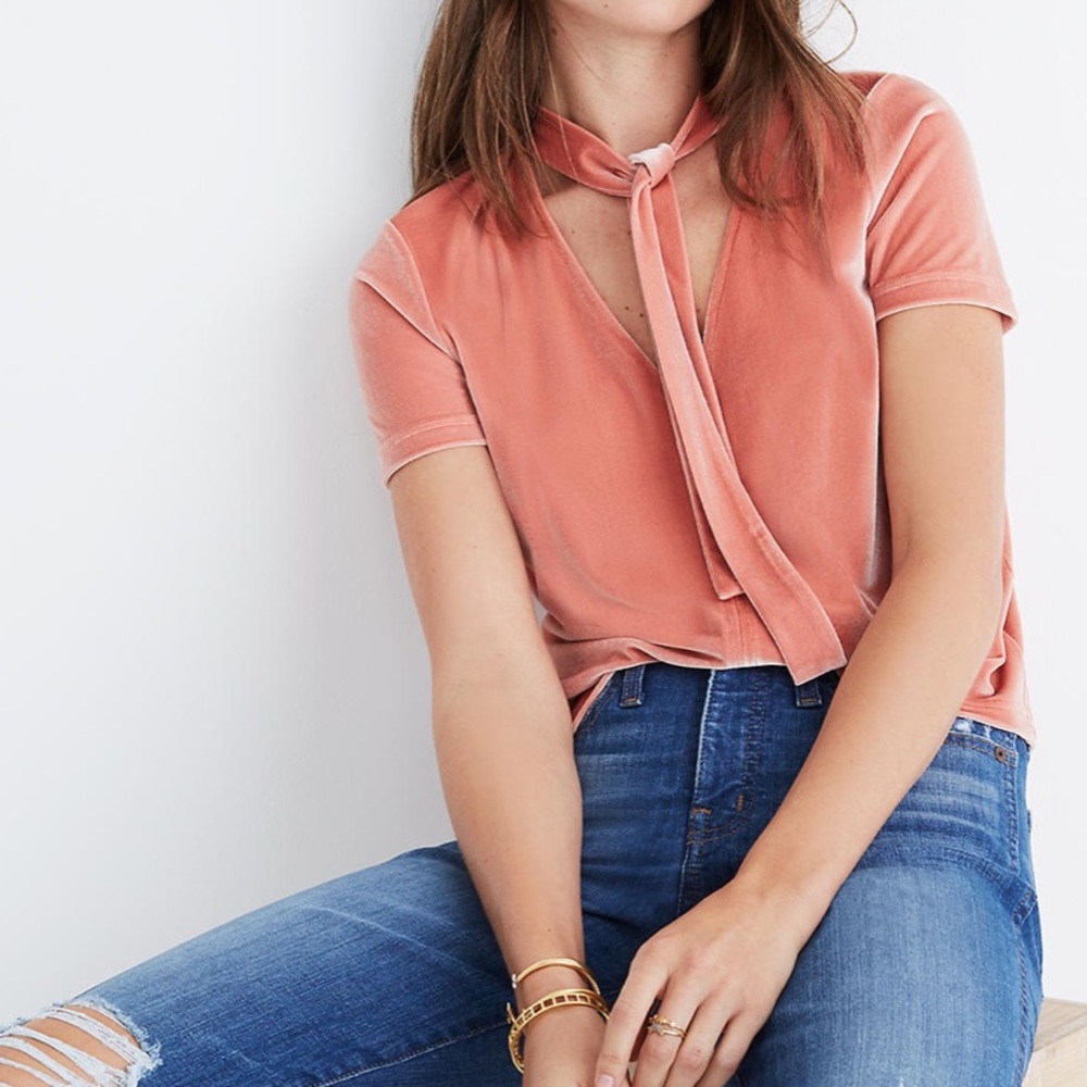 NWOT Madewell Coral Velvet Tie-Neck Top - Picture 2 of 5